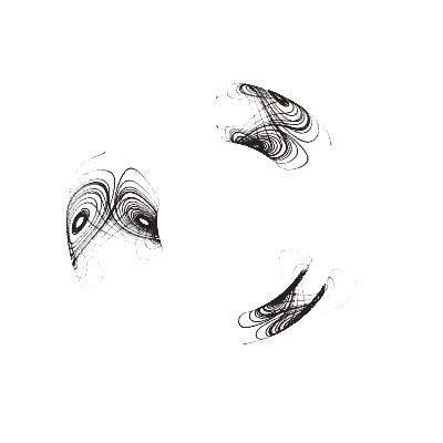 Monochrome generative point study “Lorenz Fan,” a mathematical form rendered in black and white.