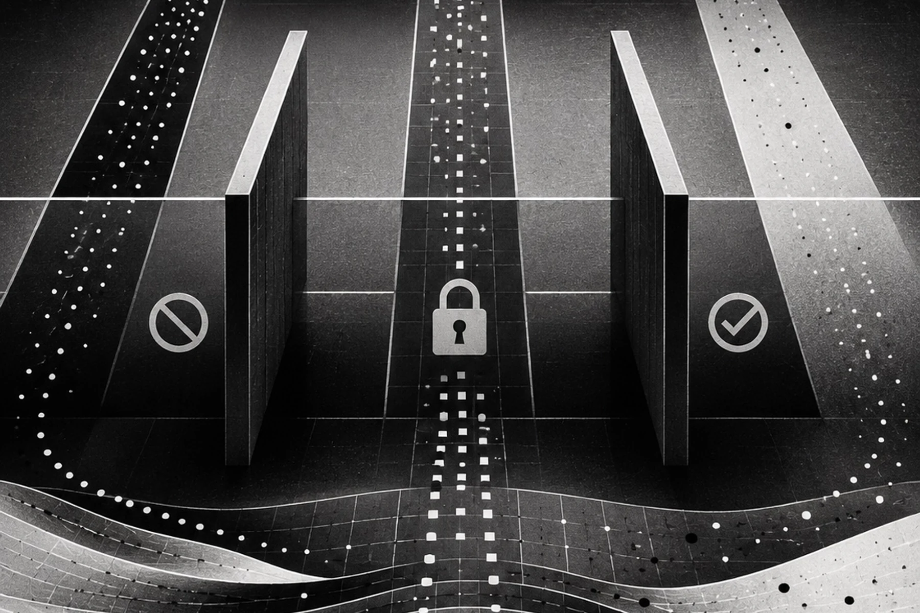 Monochrome editorial artwork showing crawler pathways meeting policy and access-control boundaries.