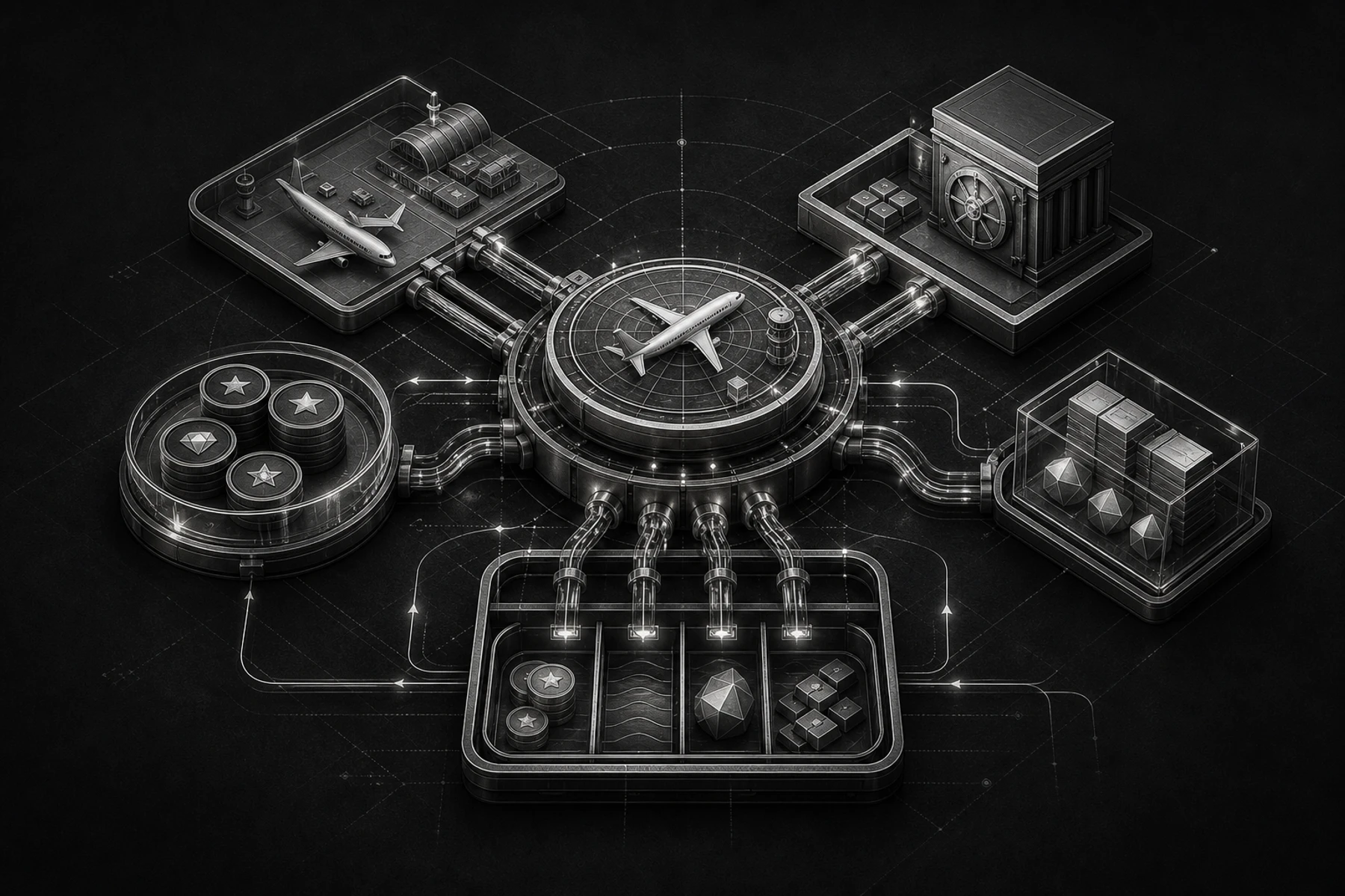 A monochrome airline financing system linking aircraft operations, loyalty value, bank cash, and secured collateral channels.