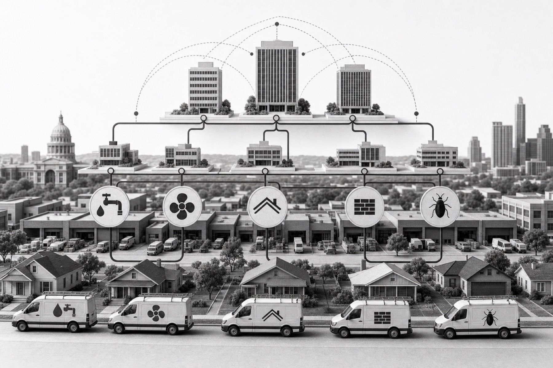 Monochrome editorial map connecting Austin houses and service vehicles to layered company, platform, and investment-firm nodes.