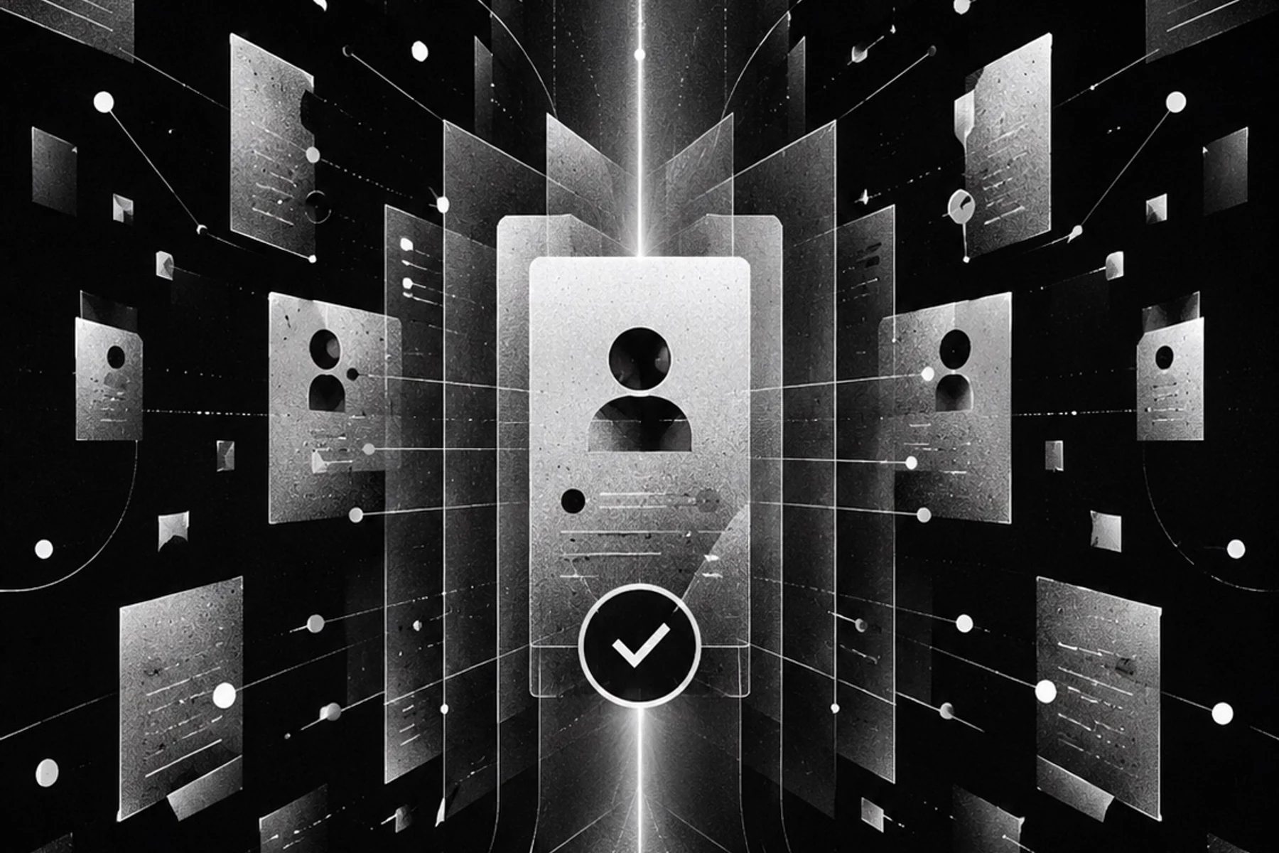 Monochrome editorial artwork showing one canonical identity connected to controlled public records.