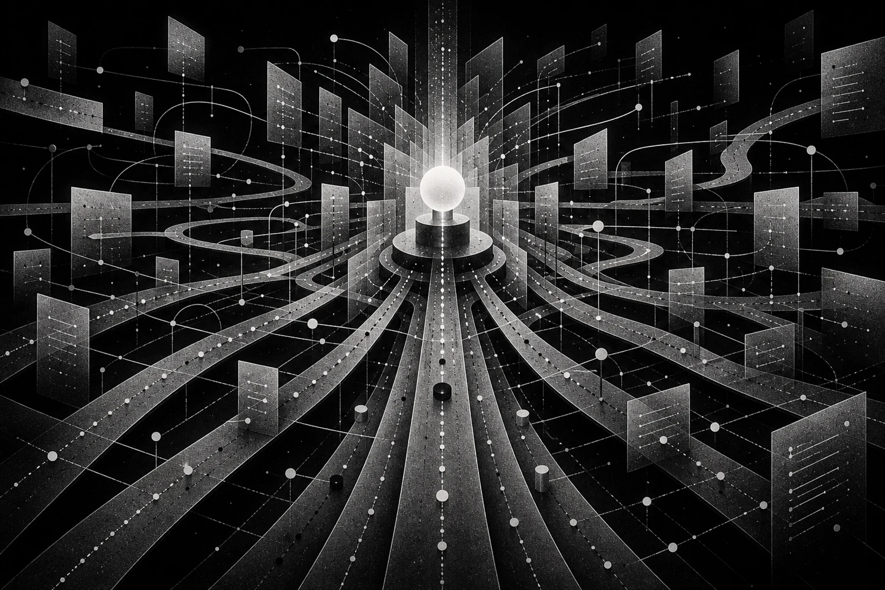 A dense monochrome network of routes converges on one illuminated authoritative node.