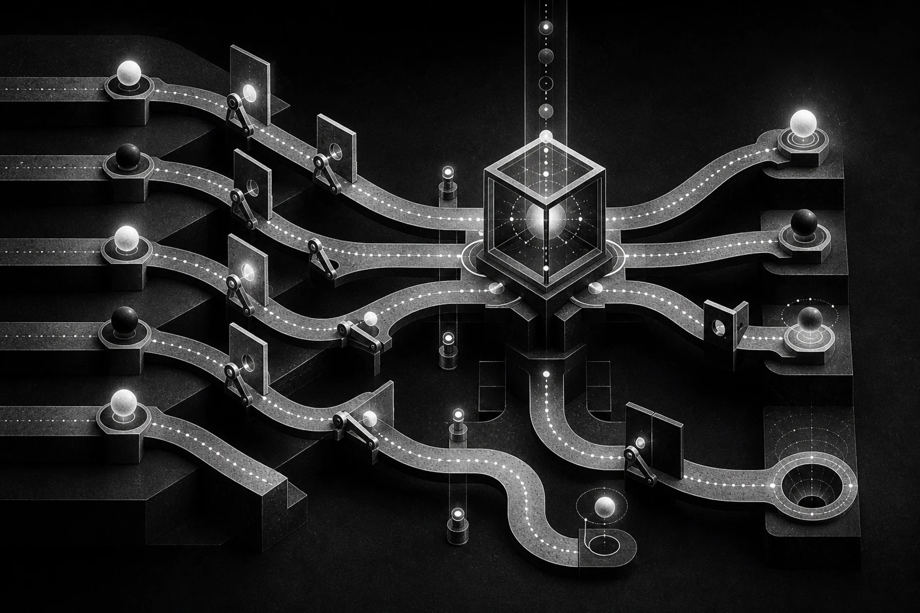 A monochrome mechanical switchyard routes URL records through explicit crawler states.