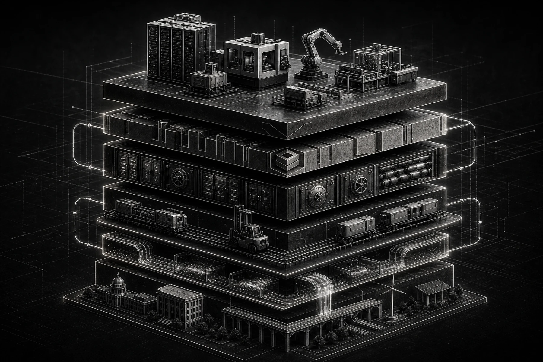 A monochrome hardware platform stacked above equity, secured finance, leases, logistics, and public-capital foundations.