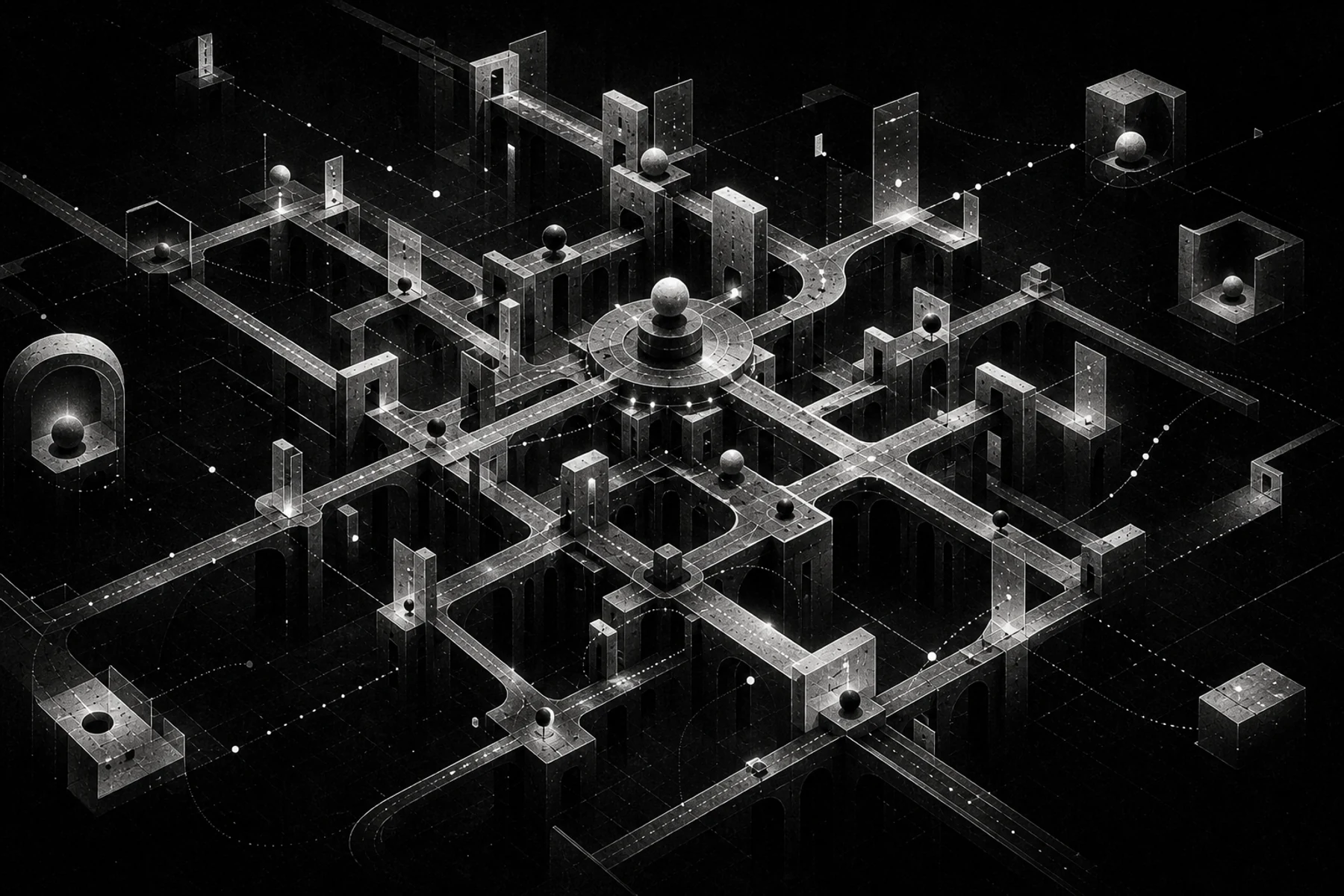 A deep monochrome architectural lattice connects chambers with directed paths.