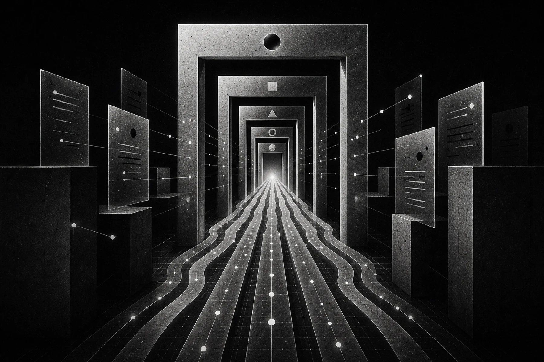 A monochrome corridor of sequential checkpoints governs several converging release paths.