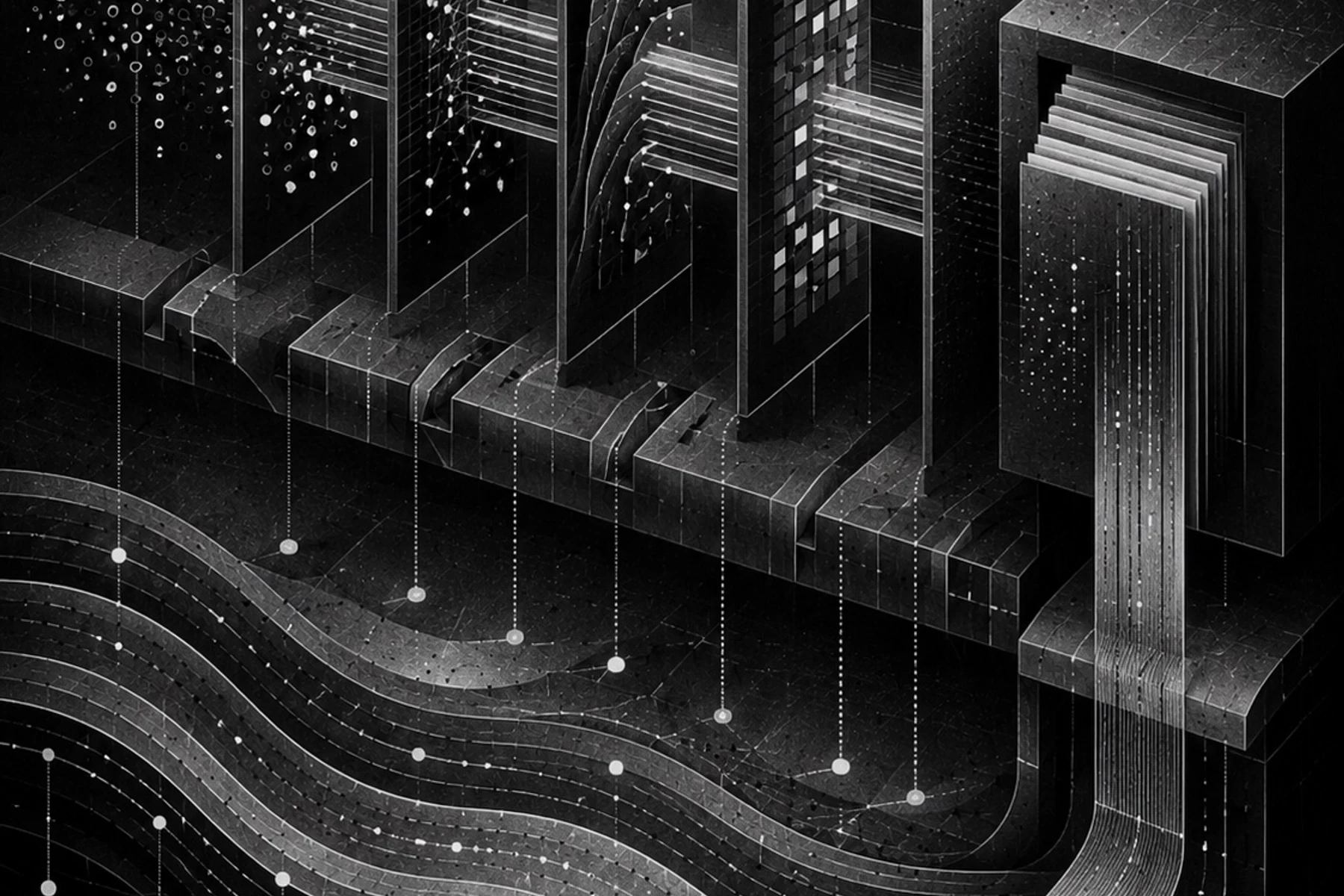Monochrome editorial artwork showing public web evidence flowing through a layered data pipeline.