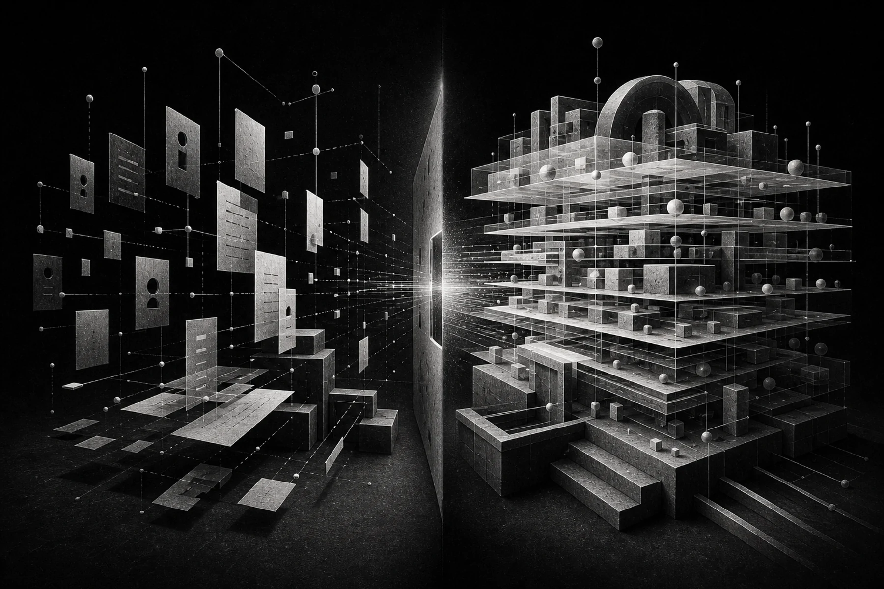 A monochrome source-document field faces a reconstructed rendered architecture across a bright boundary.