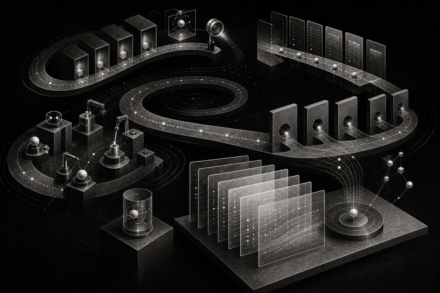A looping monochrome agent trajectory repeatedly crosses tools, observations, records, and graders.