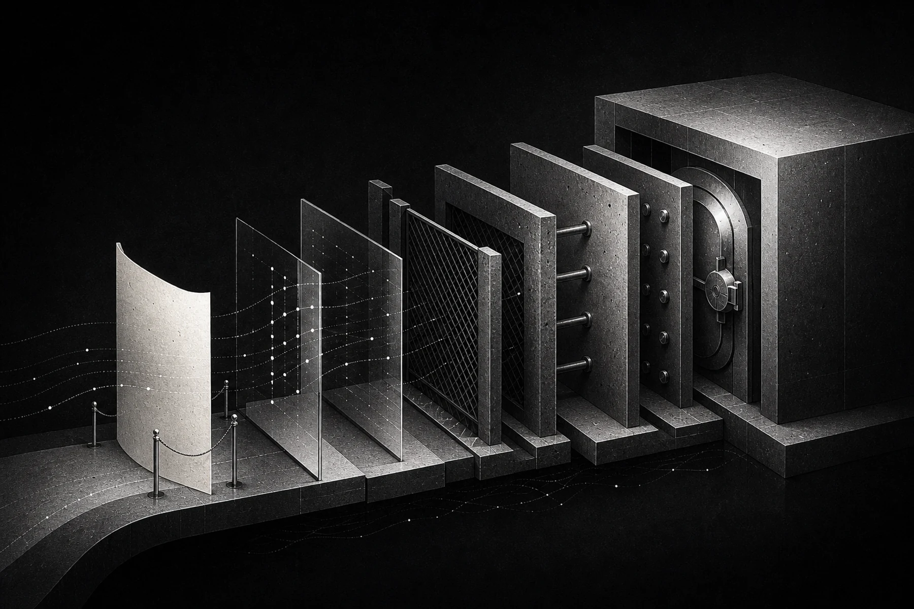 A ceremonial paper boundary gives way to progressively stronger barriers protecting a monochrome vault.