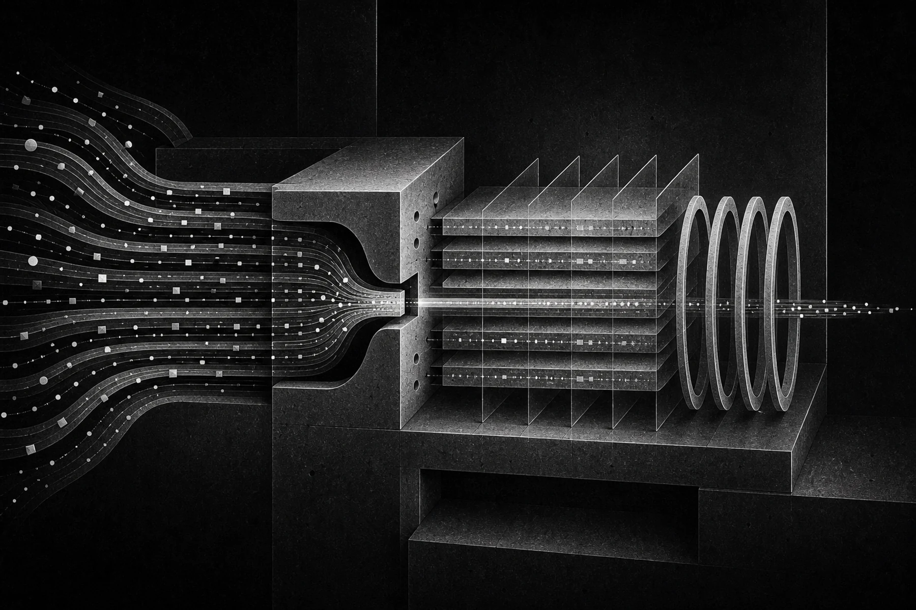 Parallel monochrome data streams converge through a single writer into concentric WAL-like records.