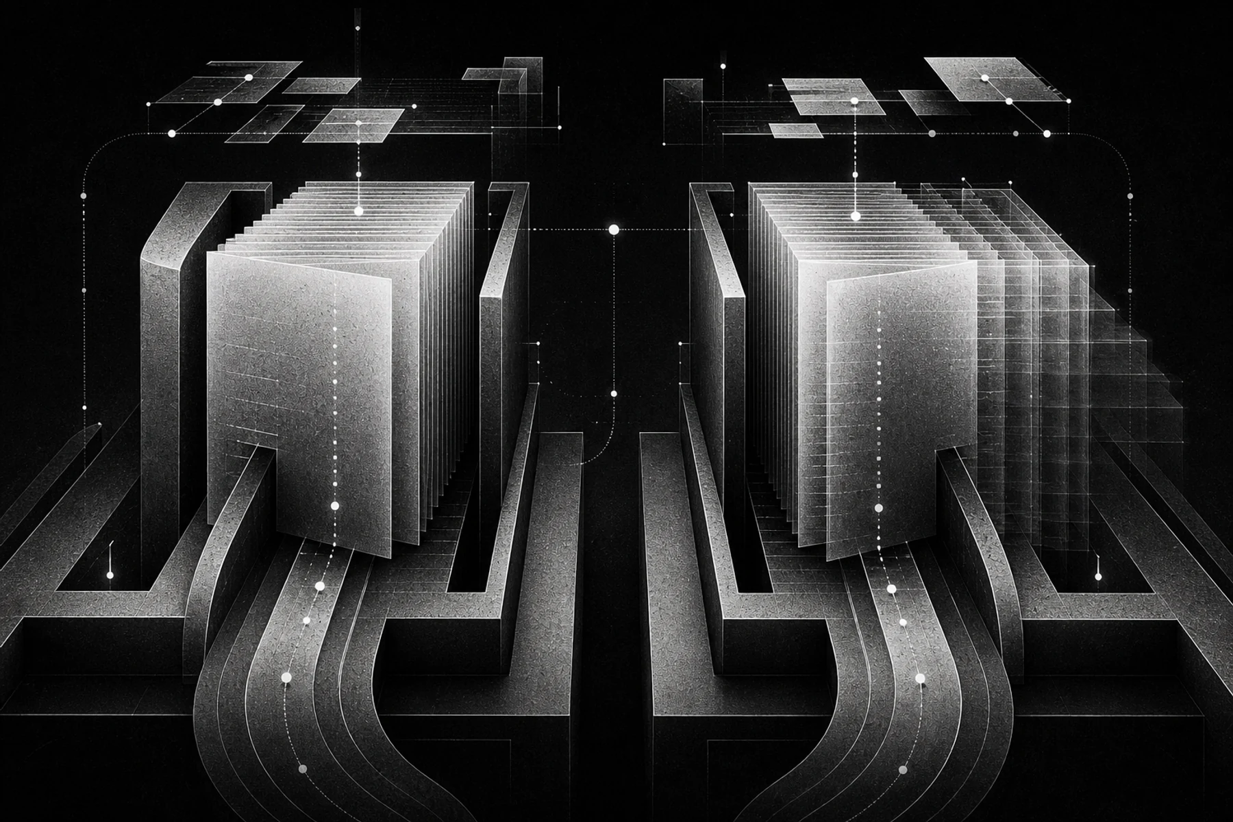Two synchronized monochrome ledgers run in parallel while one translucent layer begins to drift.