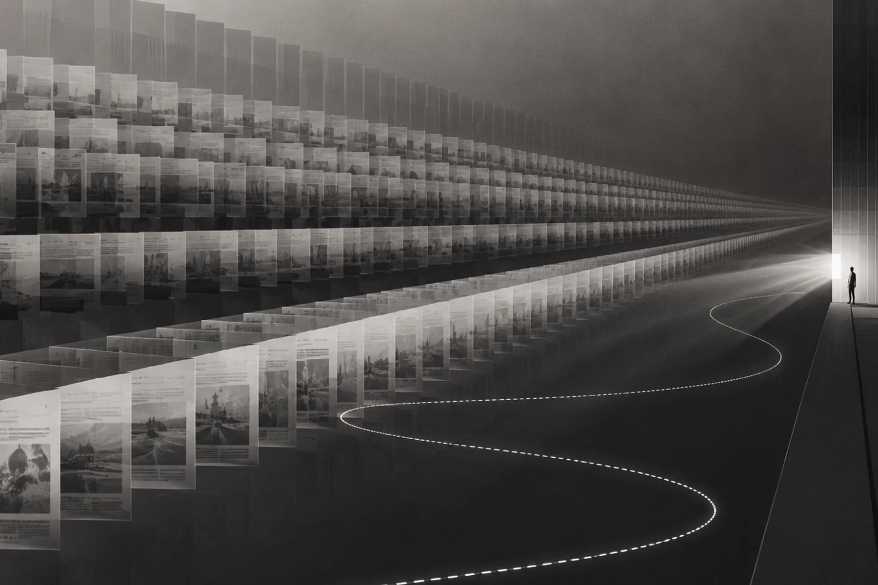 A dark gallery of suspended social-media posts receding toward a bright exit, with a dotted path curving through the space.