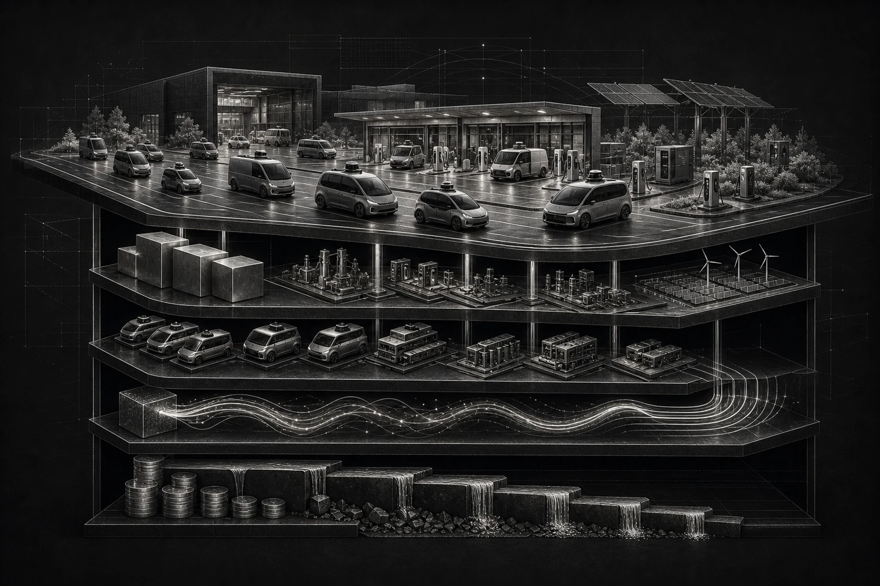 A monochrome autonomous-vehicle depot above layered fleet, infrastructure, capital, and downside systems.