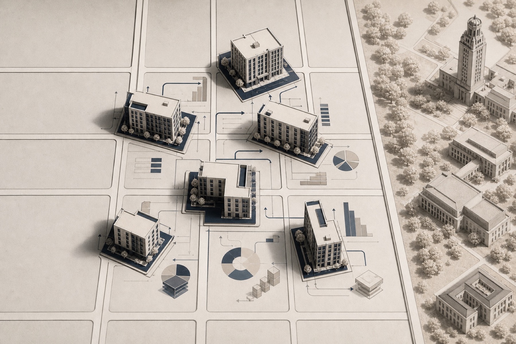 Editorial architectural model connecting West Campus apartment blocks, the UT Austin campus edge, and layered property-finance flows.