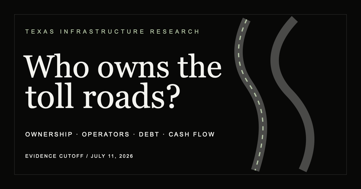 Monochrome editorial artwork representing Texas toll-road infrastructure and layered ownership.