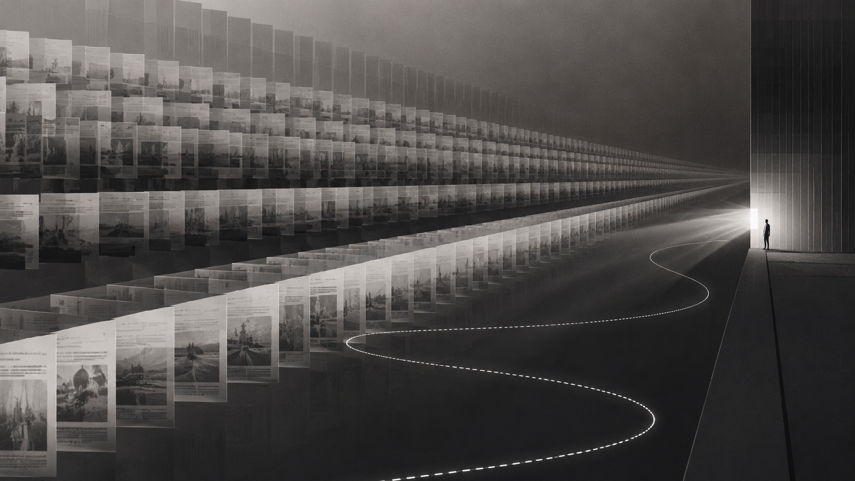 A monochrome gallery of suspended social-media posts receding toward a bright exit.