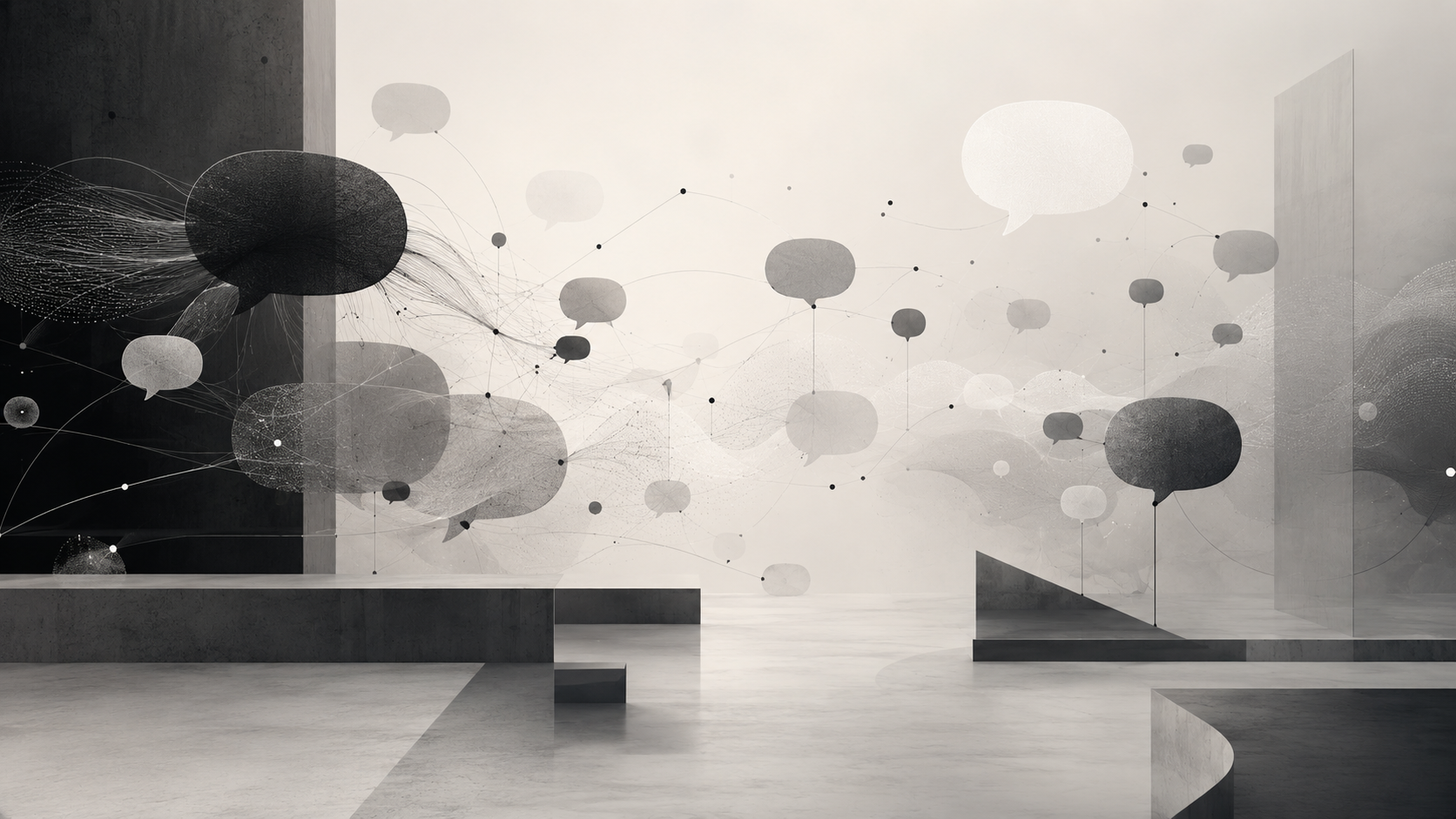 An abstract monochrome room filled with speech bubbles connected by fine lines and flowing data-like strands.